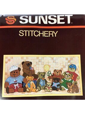 1983 Sunset Stitchery Kit " Bear With Us " #2605  10 x 20 " 10 Teddy Bears!